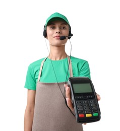 Photo of Fast-food worker with headset and payment terminal on white background