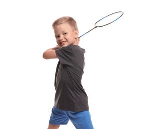 Photo of Little boy with badminton racket on white background