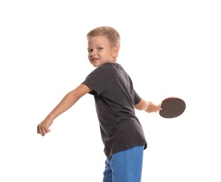 Photo of Little boy with ping pong racket on white background