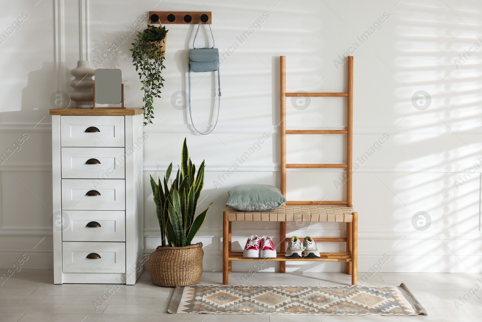 Photo of Stylish hallway interior with shoe storage bench, chest of drawers, houseplants and coat rack