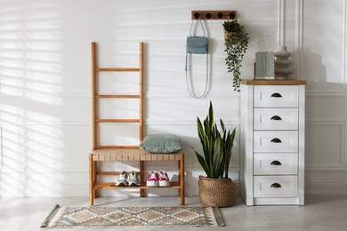 Photo of Stylish hallway interior with shoe storage bench, chest of drawers, houseplants and coat rack