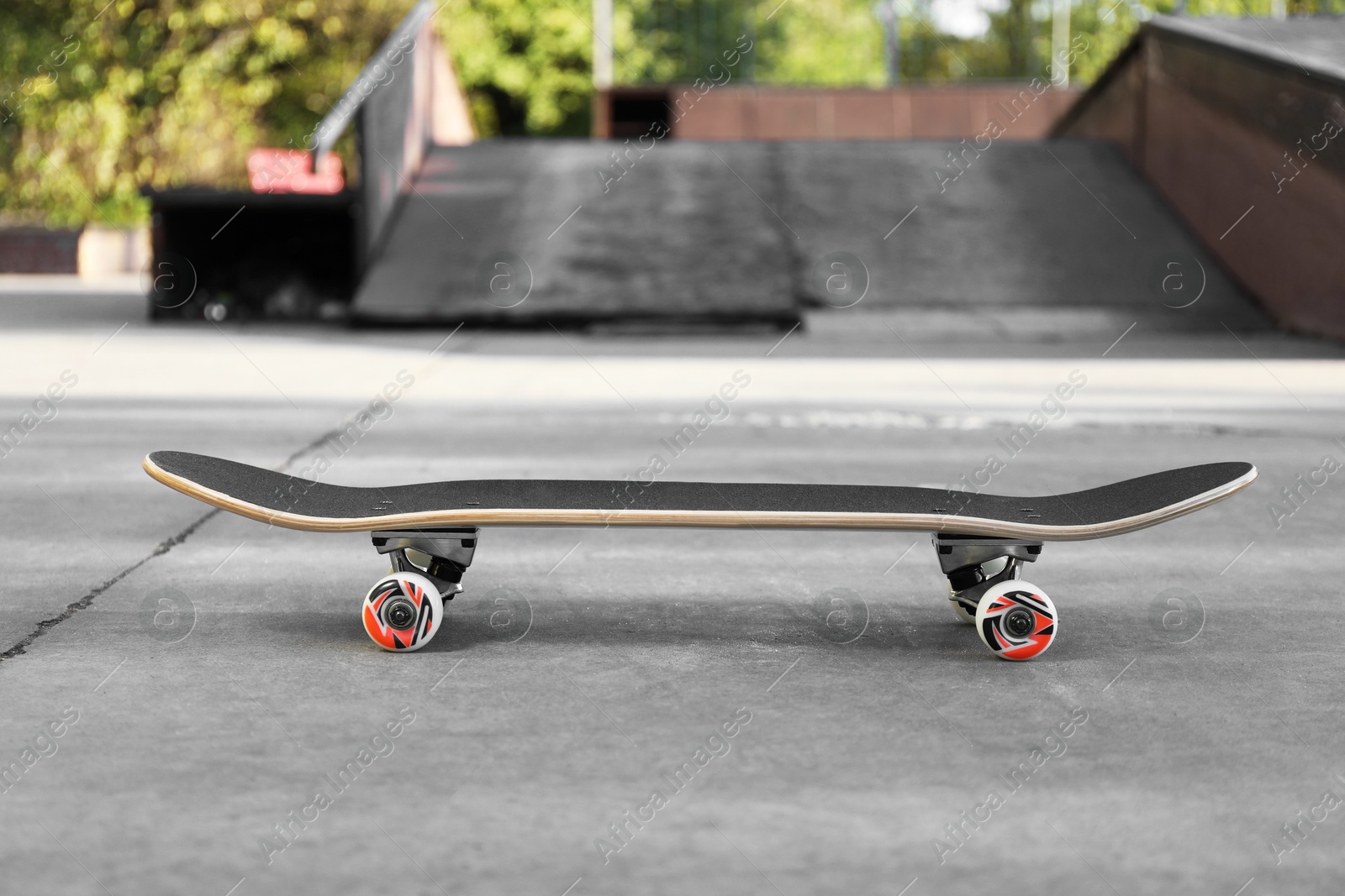 Photo of One modern skateboard with black griptape in skatepark