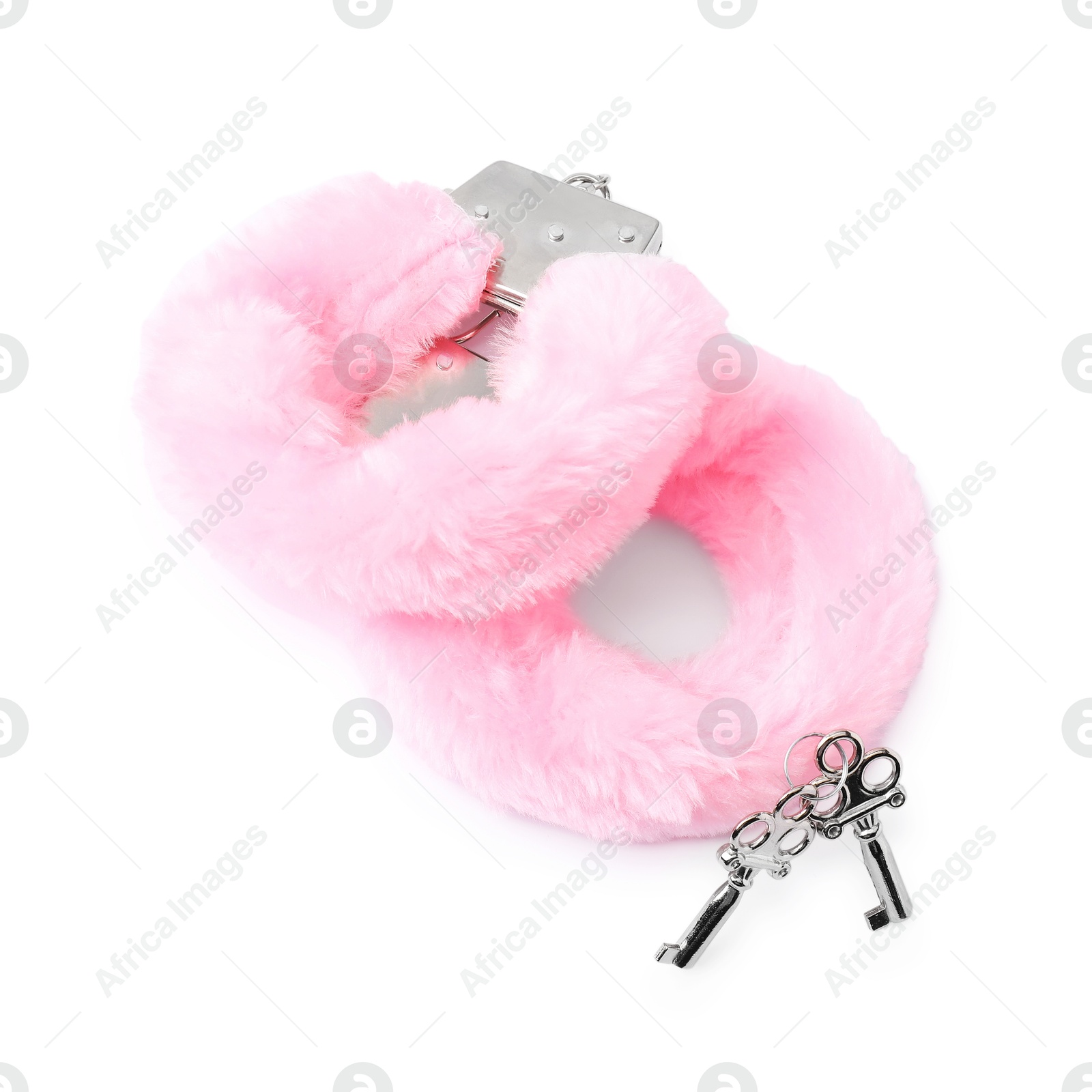 Photo of Pink fluffy handcuffs and keys isolated on white. Sex toy