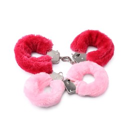 Photo of Pink fluffy handcuffs isolated on white. Sex toy