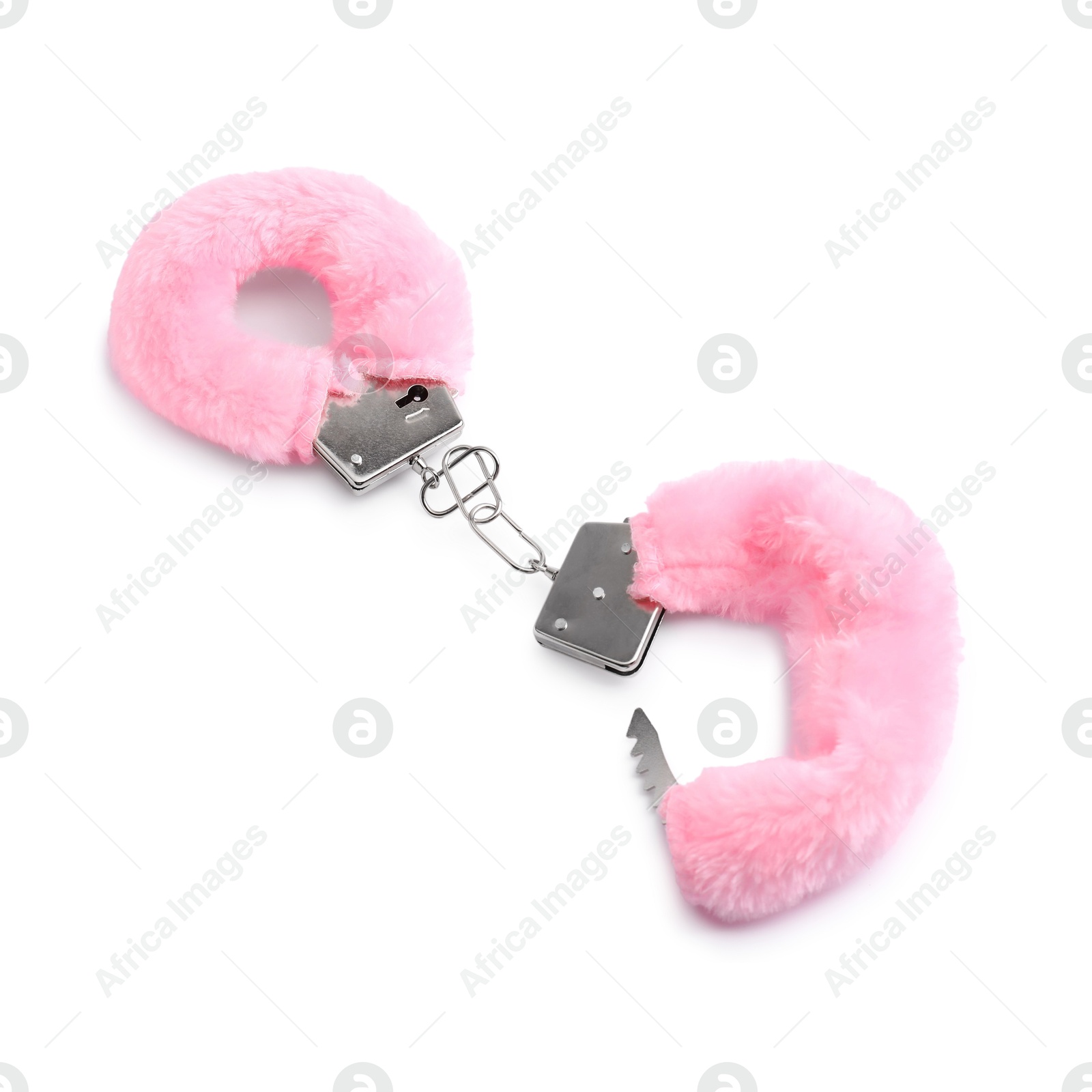 Photo of Pink fluffy handcuffs isolated on white. Sex toy