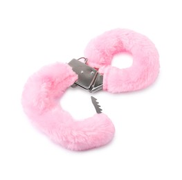 Pink fluffy handcuffs isolated on white. Sex toy