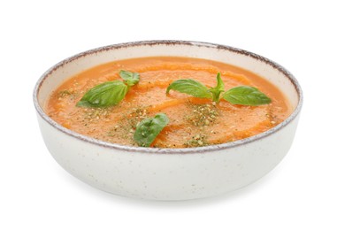 Photo of Delicious sweet potato soup with basil in bowl isolated on white