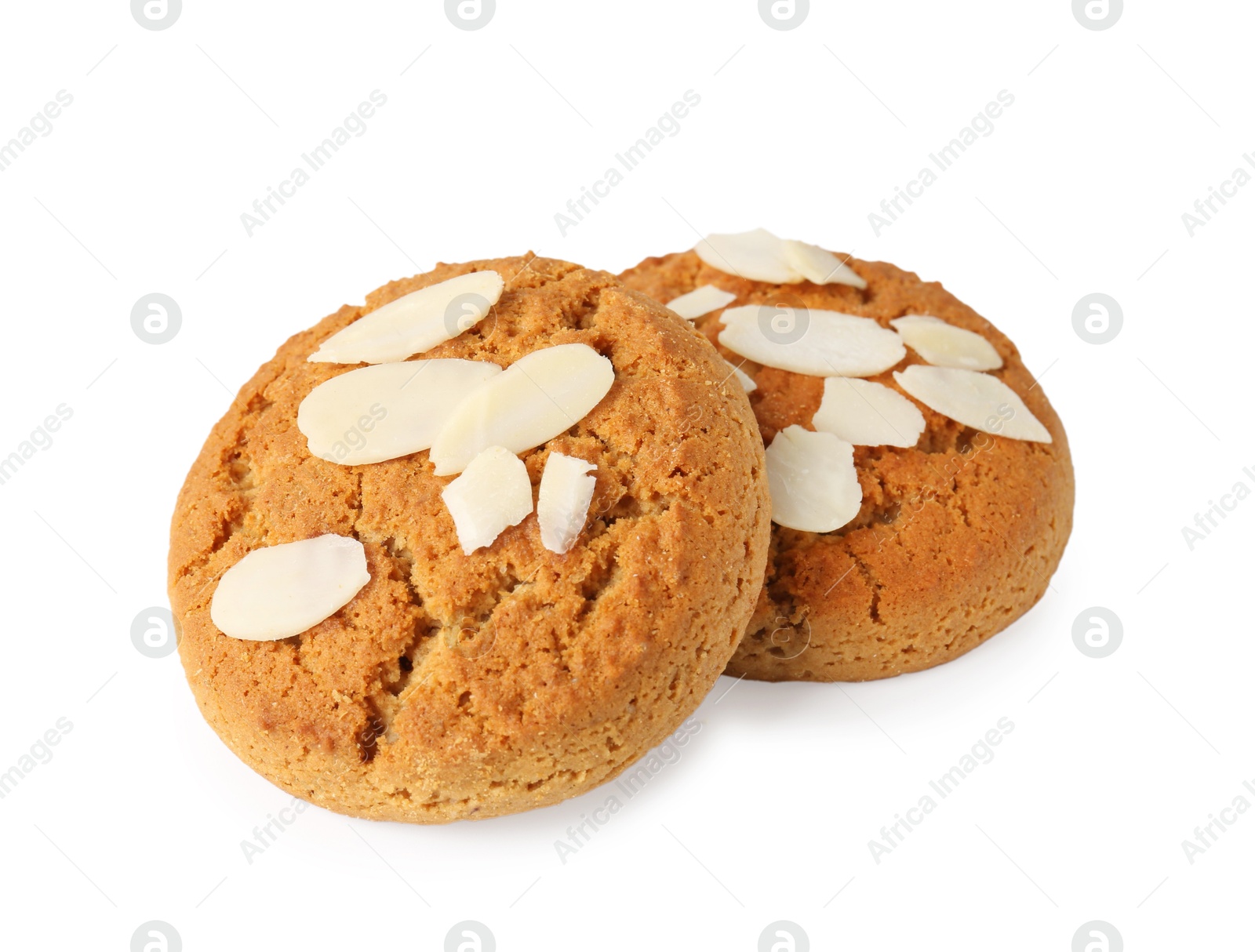 Photo of Tasty cookies with almond flakes isolated on white