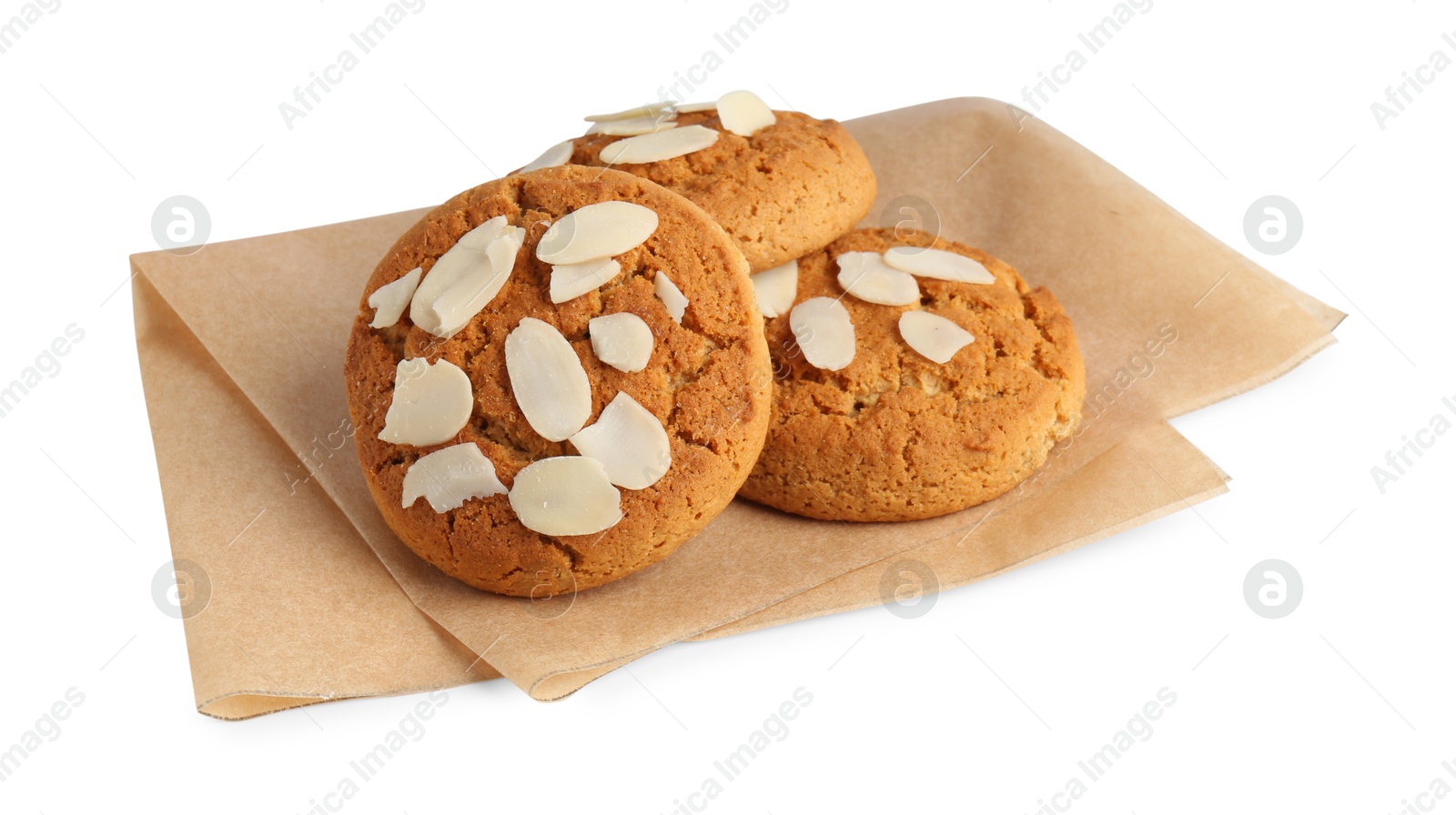 Photo of Tasty cookies with almond flakes isolated on white