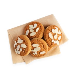 Photo of Tasty cookies with almond flakes isolated on white, top view