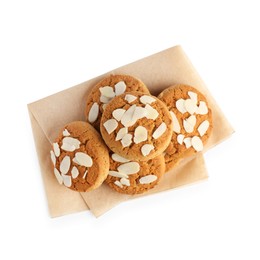 Photo of Tasty cookies with almond flakes isolated on white, top view