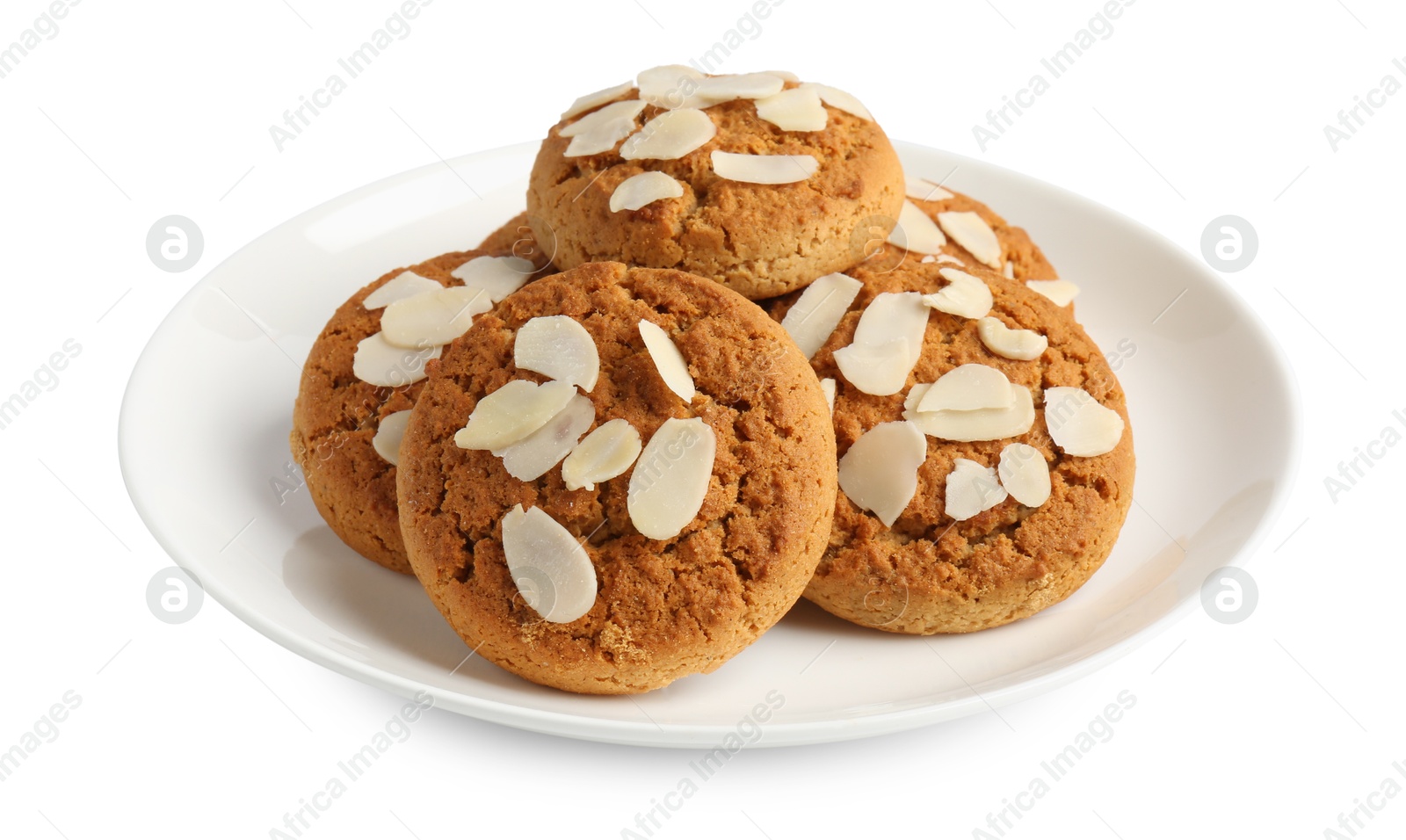 Photo of Tasty cookies with almond flakes isolated on white