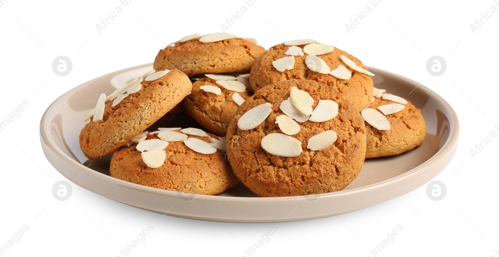 Photo of Tasty cookies with almond flakes isolated on white