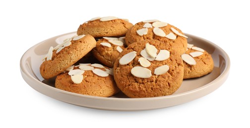 Photo of Tasty cookies with almond flakes isolated on white