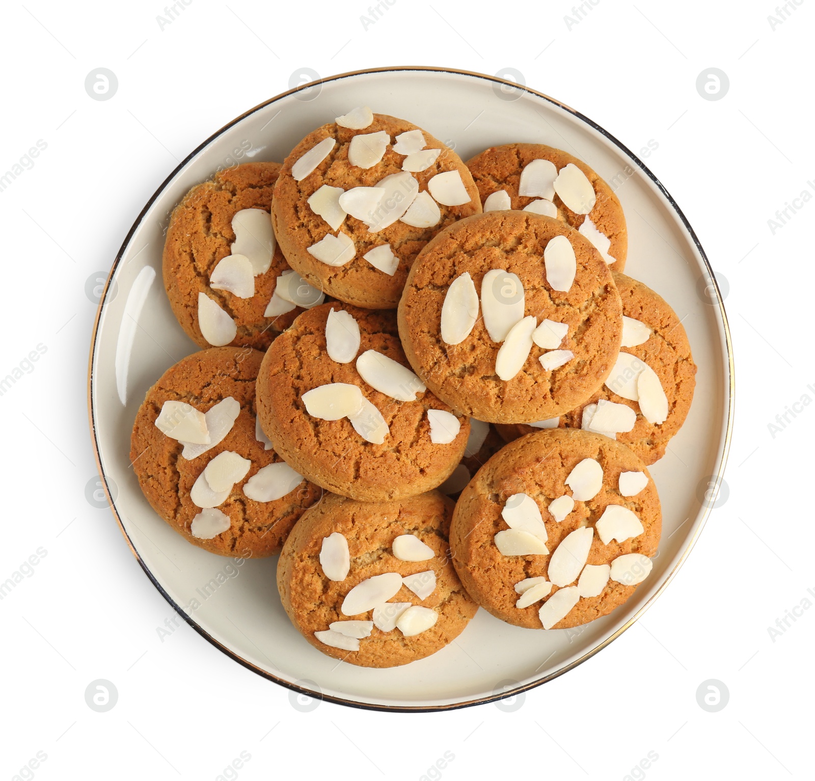 Photo of Tasty cookies with almond flakes isolated on white, top view