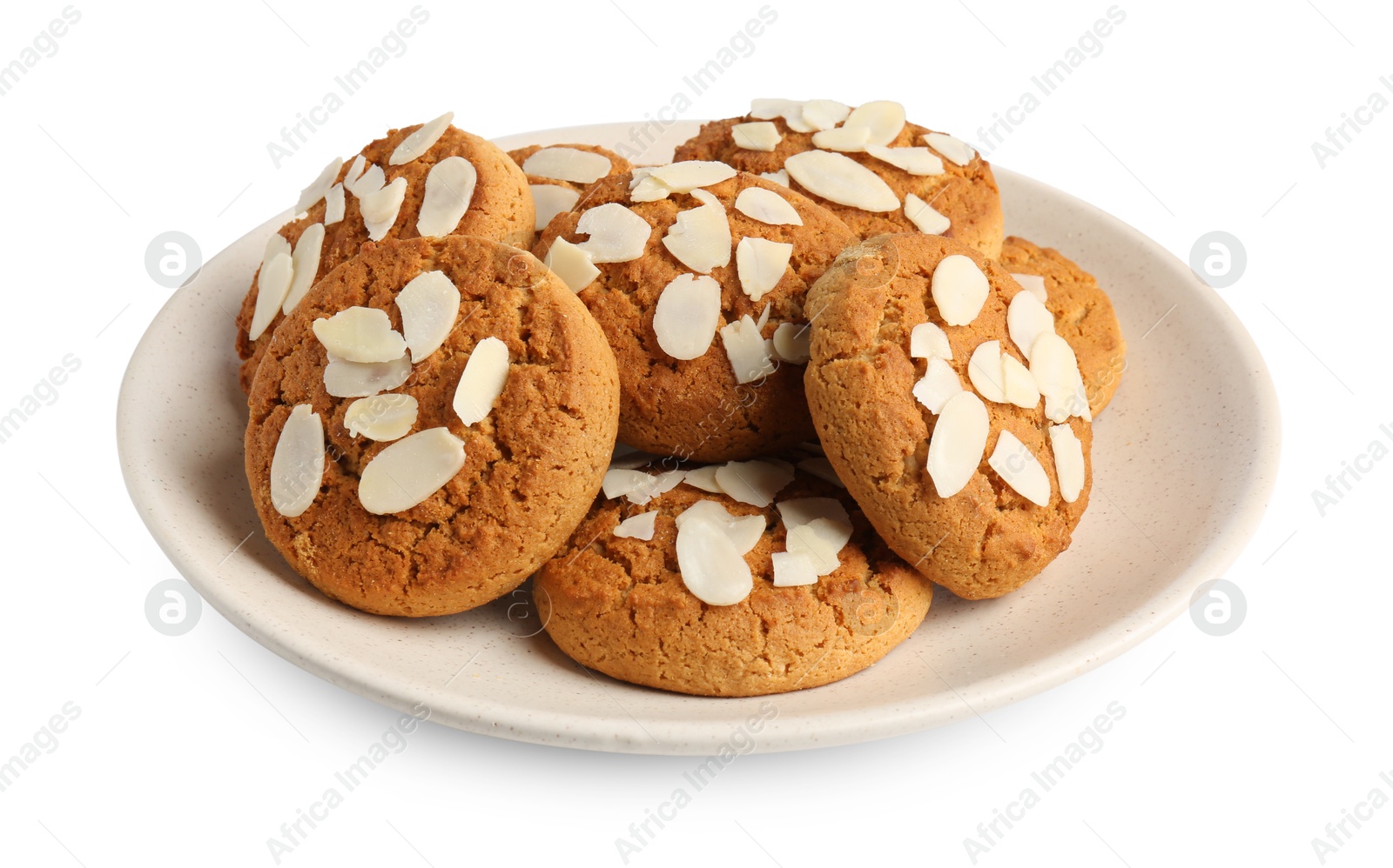 Photo of Tasty cookies with almond flakes isolated on white