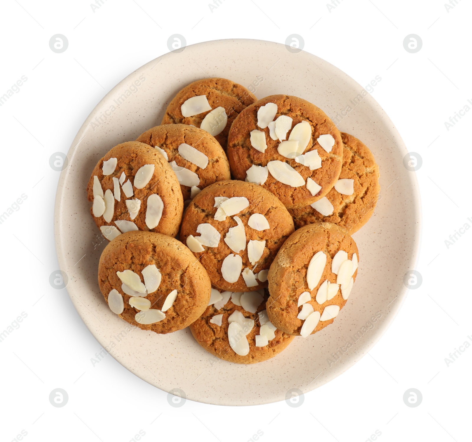 Photo of Tasty cookies with almond flakes isolated on white, top view