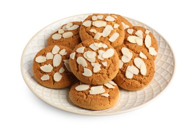 Photo of Tasty cookies with almond flakes isolated on white