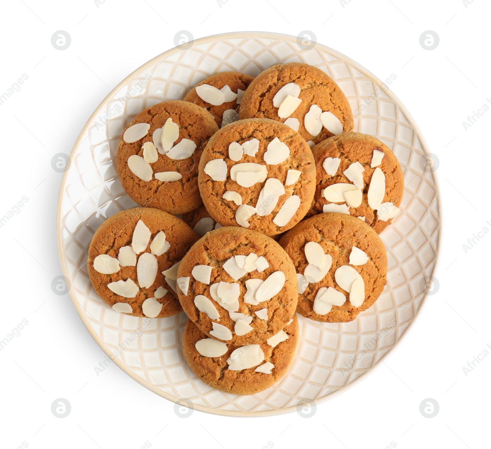 Photo of Tasty cookies with almond flakes isolated on white, top view