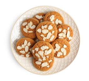 Photo of Tasty cookies with almond flakes isolated on white, top view