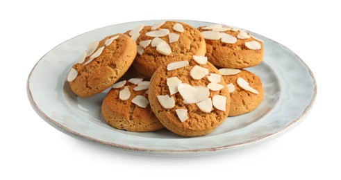 Photo of Tasty cookies with almond flakes isolated on white