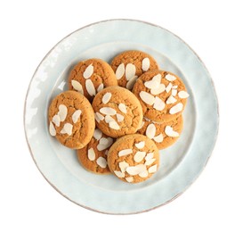 Photo of Tasty cookies with almond flakes isolated on white, top view