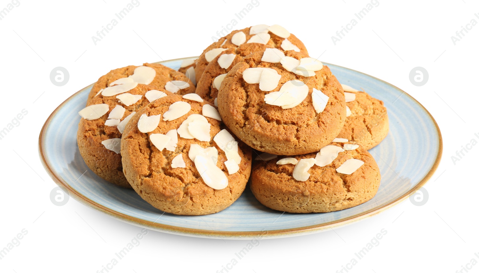 Photo of Tasty cookies with almond flakes isolated on white