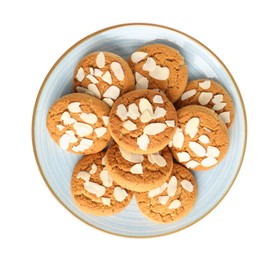 Photo of Tasty cookies with almond flakes isolated on white, top view