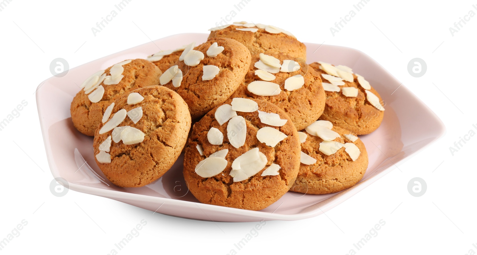 Photo of Tasty cookies with almond flakes isolated on white