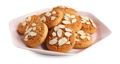 Photo of Tasty cookies with almond flakes isolated on white