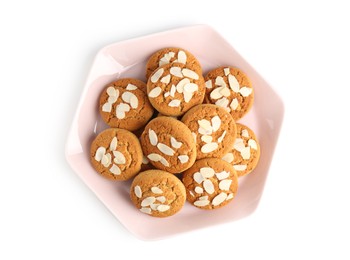 Photo of Tasty cookies with almond flakes isolated on white, top view