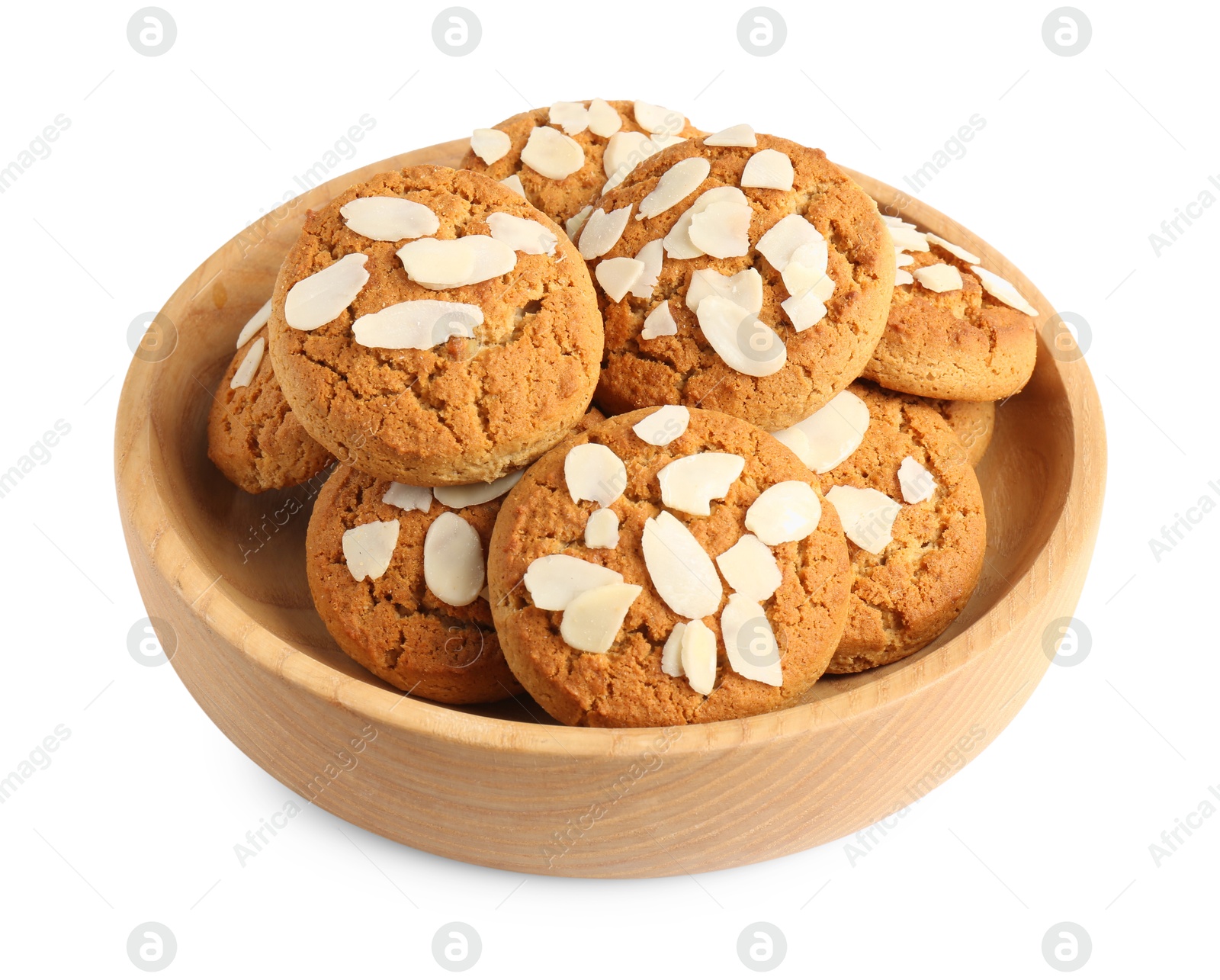 Photo of Tasty cookies with almond flakes in bowl isolated on white