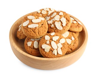 Photo of Tasty cookies with almond flakes in bowl isolated on white