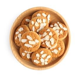 Photo of Tasty cookies with almond flakes in bowl isolated on white, top view