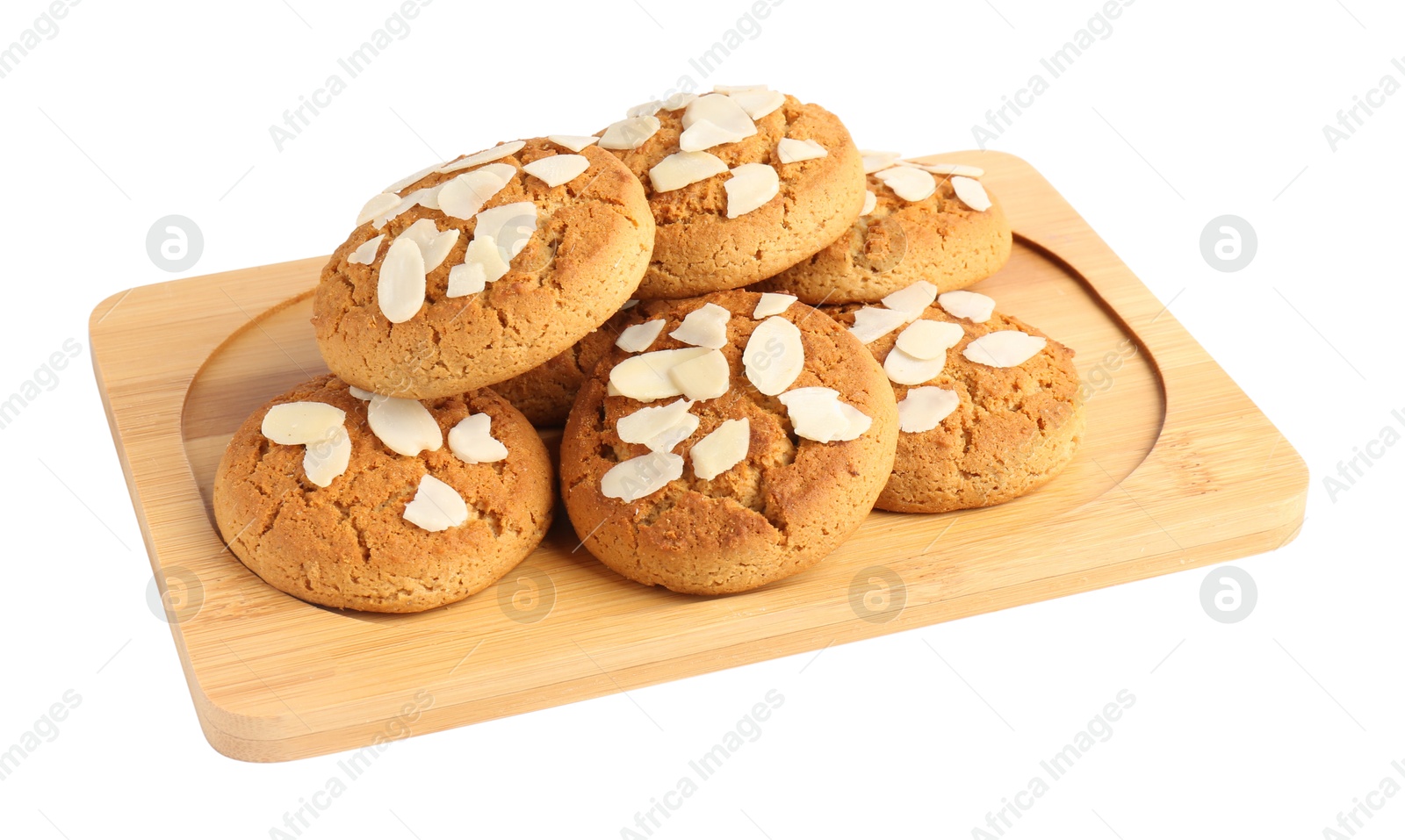 Photo of Tasty cookies with almond flakes isolated on white