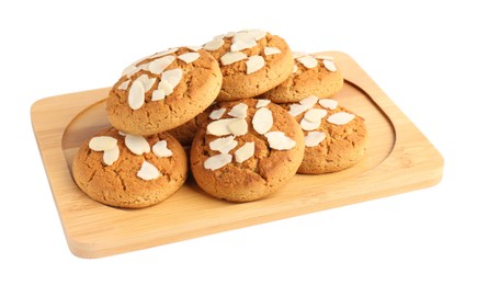 Photo of Tasty cookies with almond flakes isolated on white