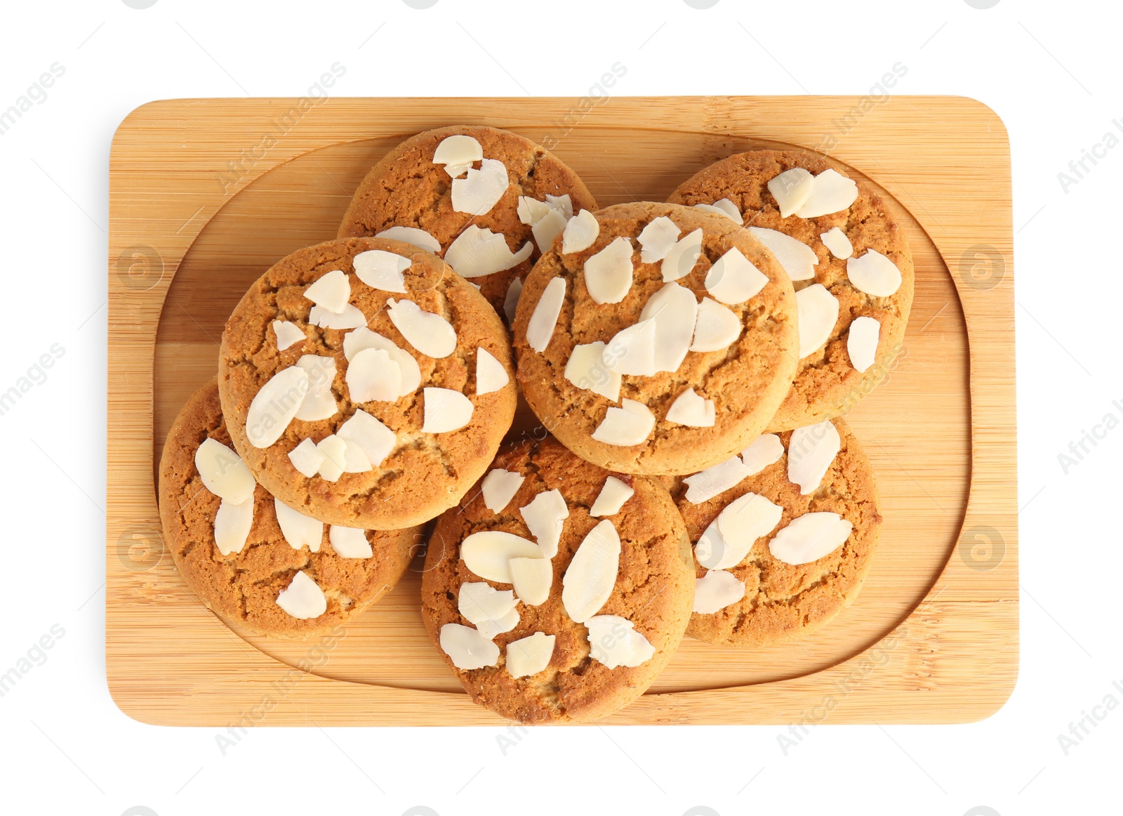 Photo of Tasty cookies with almond flakes isolated on white, top view