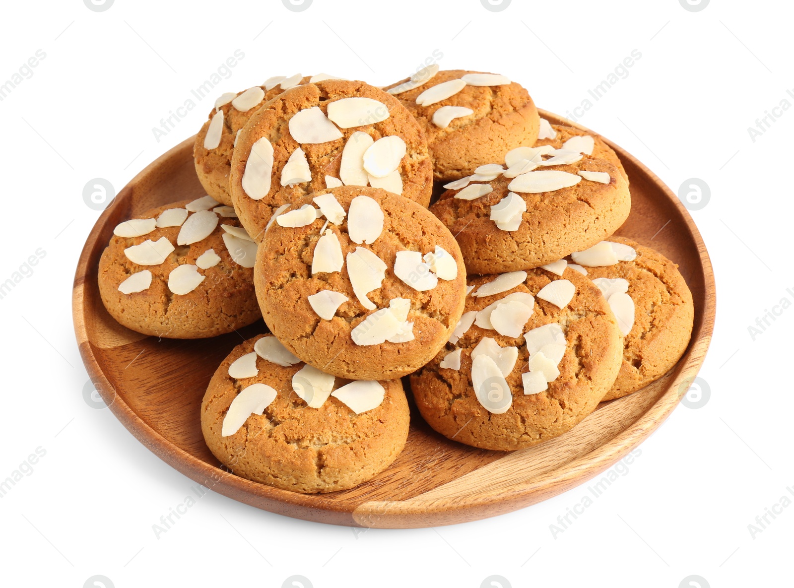 Photo of Tasty cookies with almond flakes isolated on white