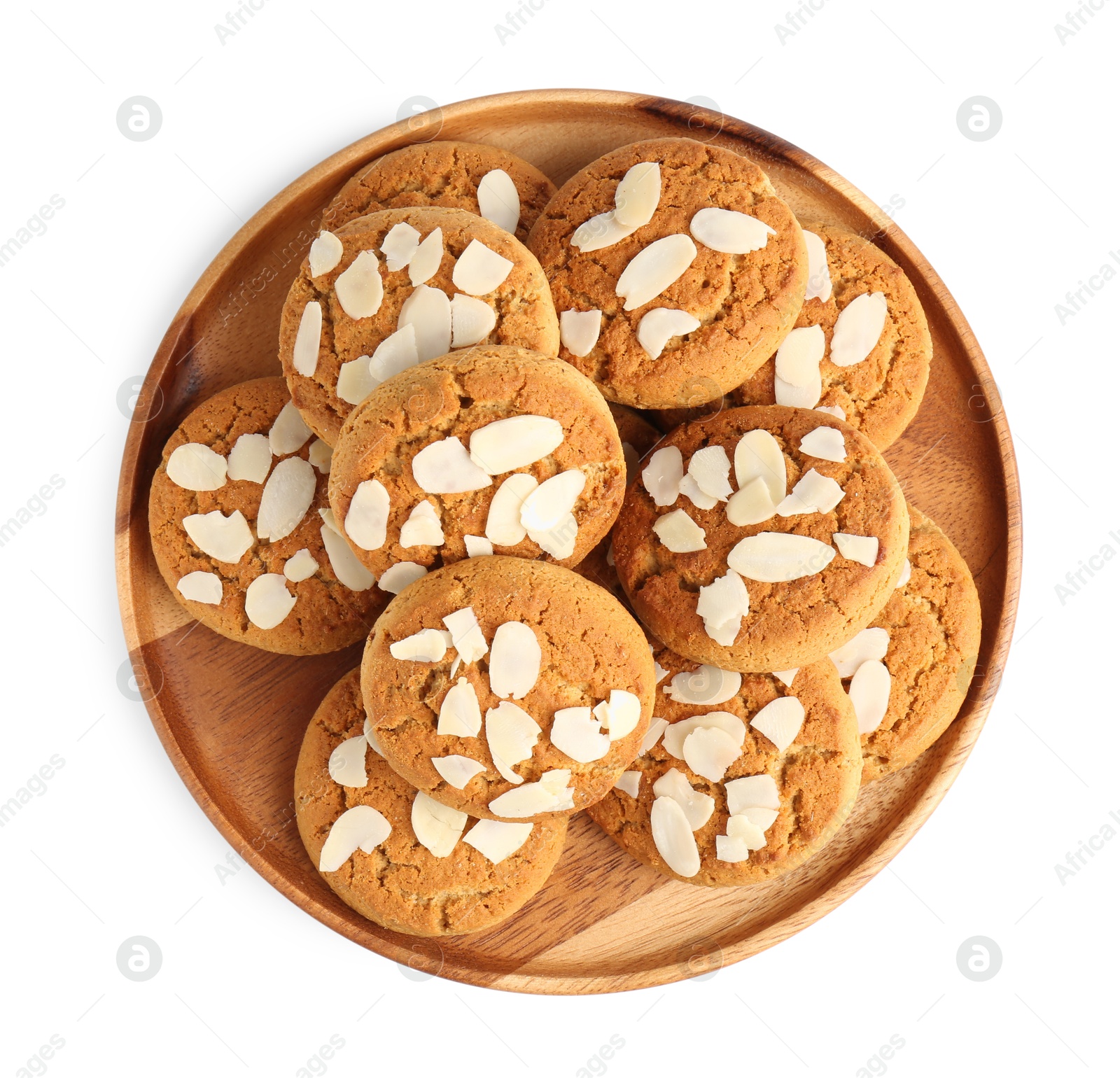 Photo of Tasty cookies with almond flakes isolated on white, top view