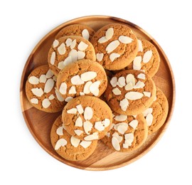 Photo of Tasty cookies with almond flakes isolated on white, top view