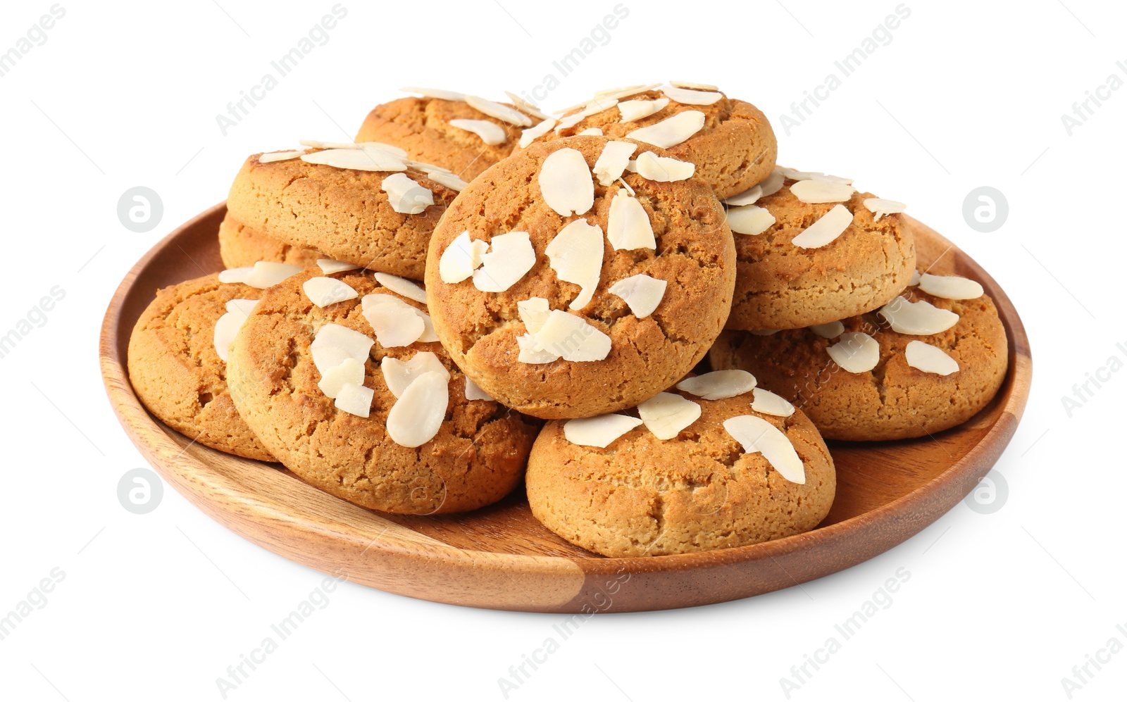 Photo of Tasty cookies with almond flakes isolated on white