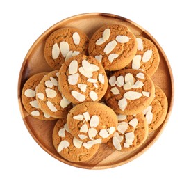 Photo of Tasty cookies with almond flakes isolated on white, top view