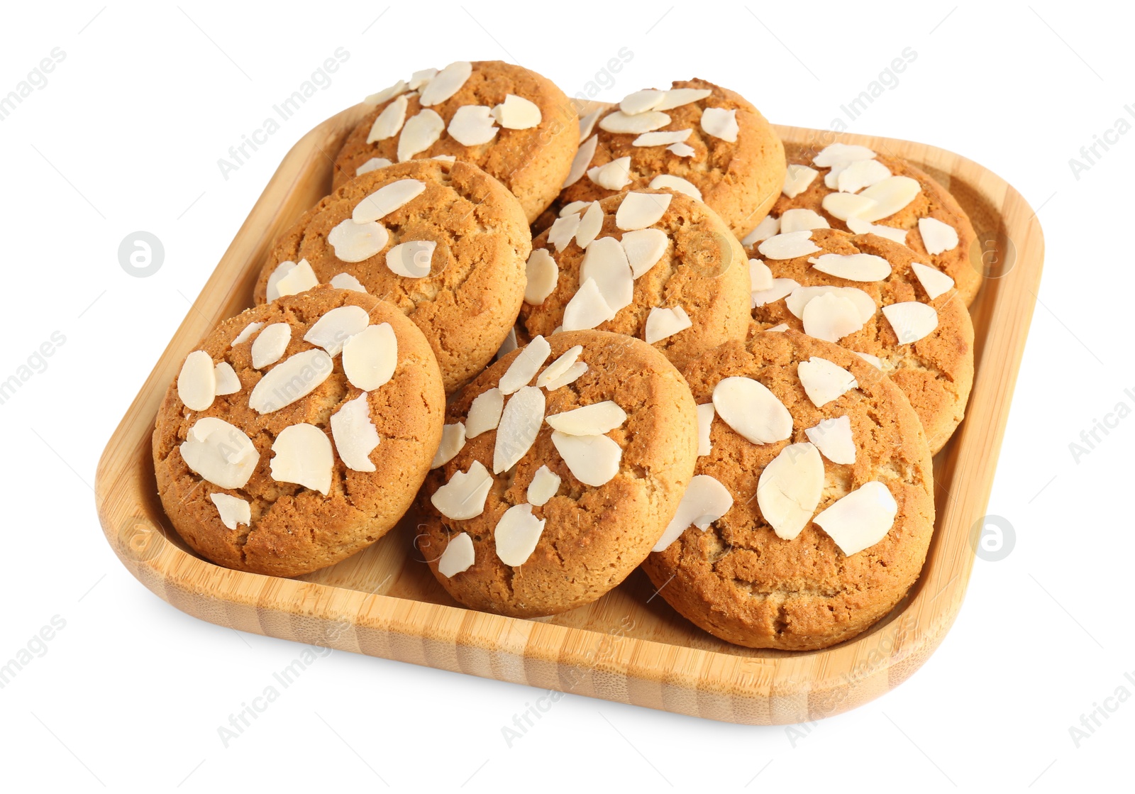 Photo of Tasty cookies with almond flakes isolated on white