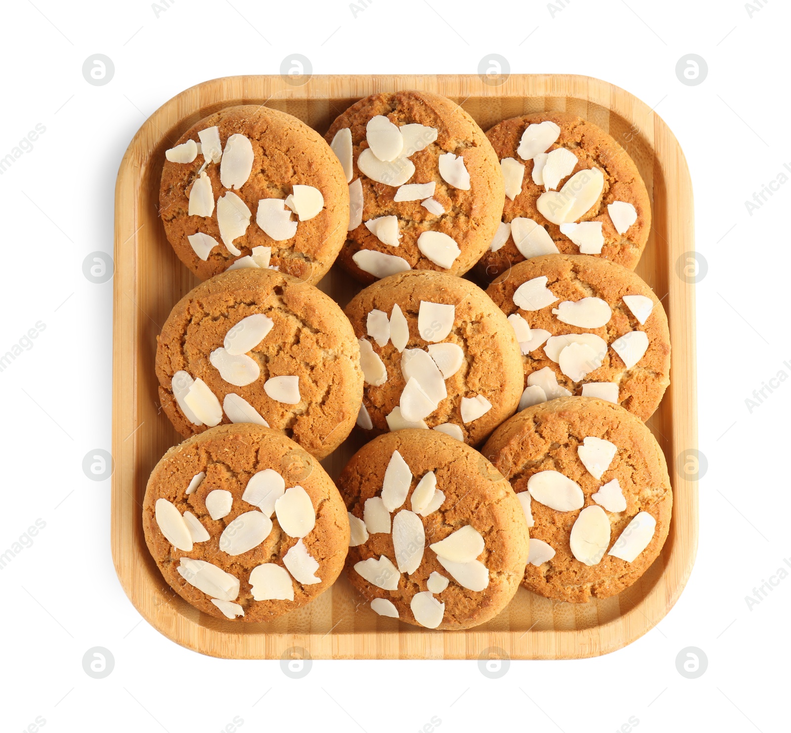 Photo of Tasty cookies with almond flakes isolated on white, top view