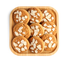 Photo of Tasty cookies with almond flakes isolated on white, top view