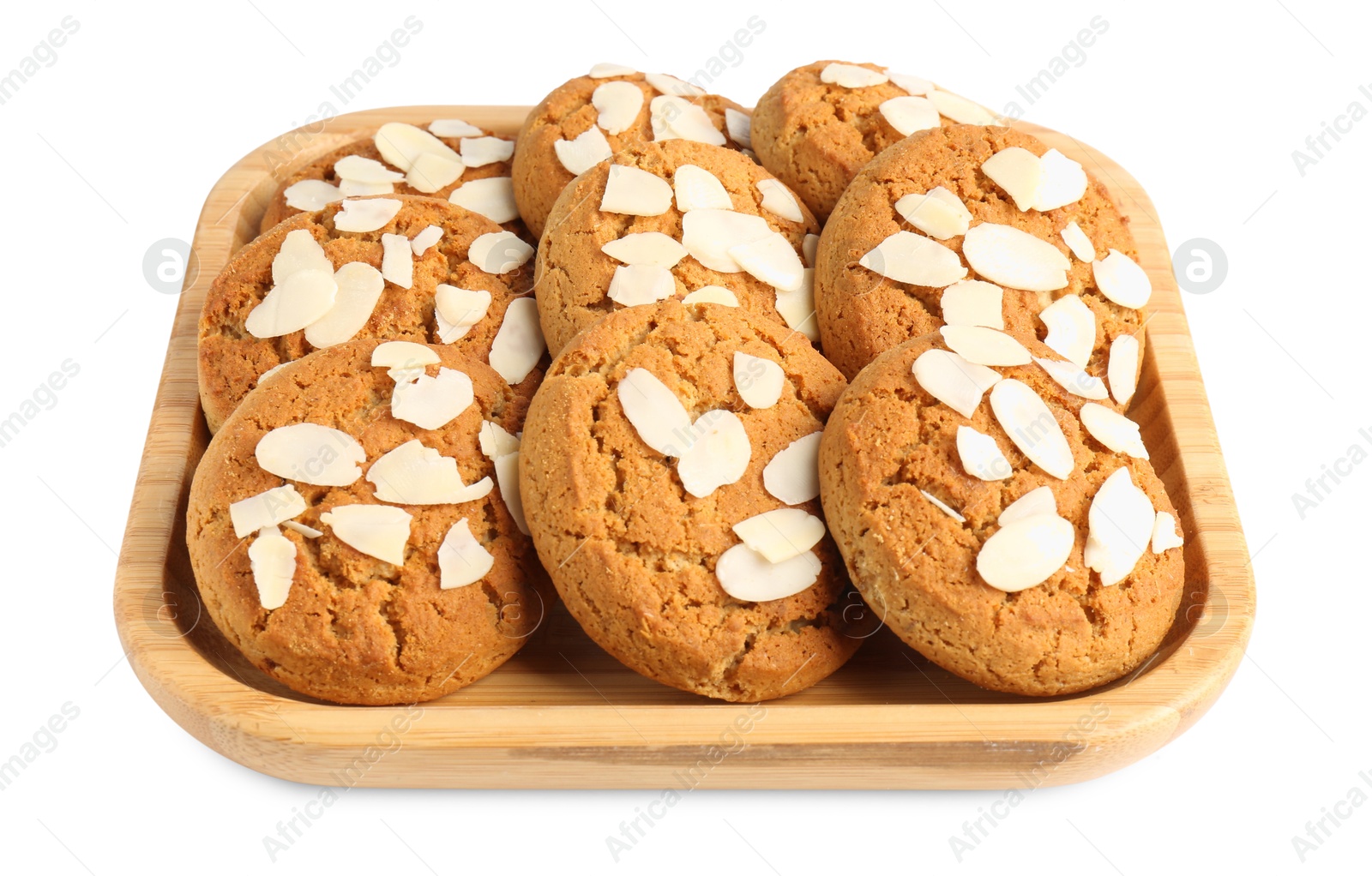 Photo of Tasty cookies with almond flakes isolated on white