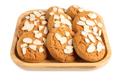 Photo of Tasty cookies with almond flakes isolated on white