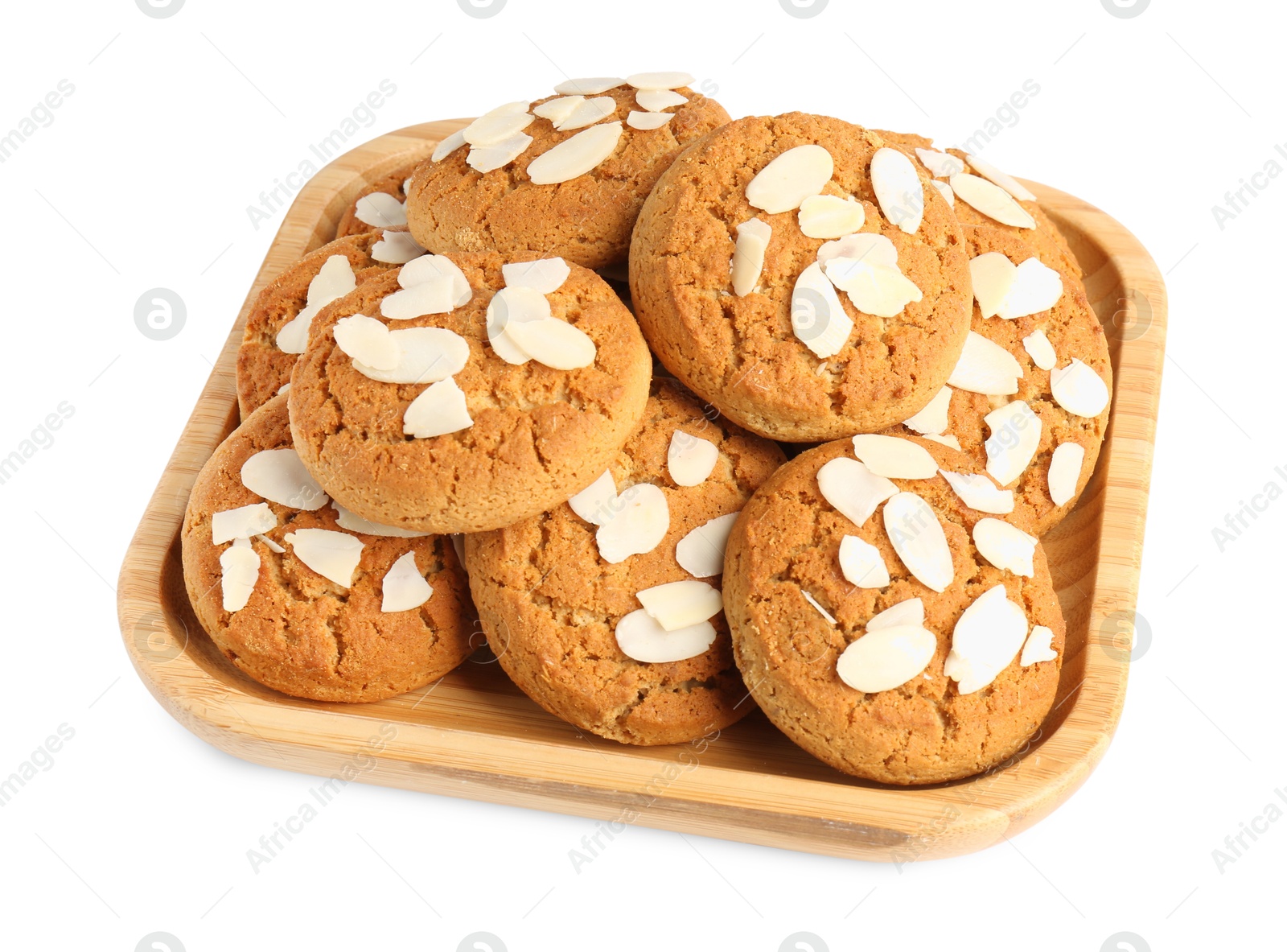 Photo of Tasty cookies with almond flakes isolated on white