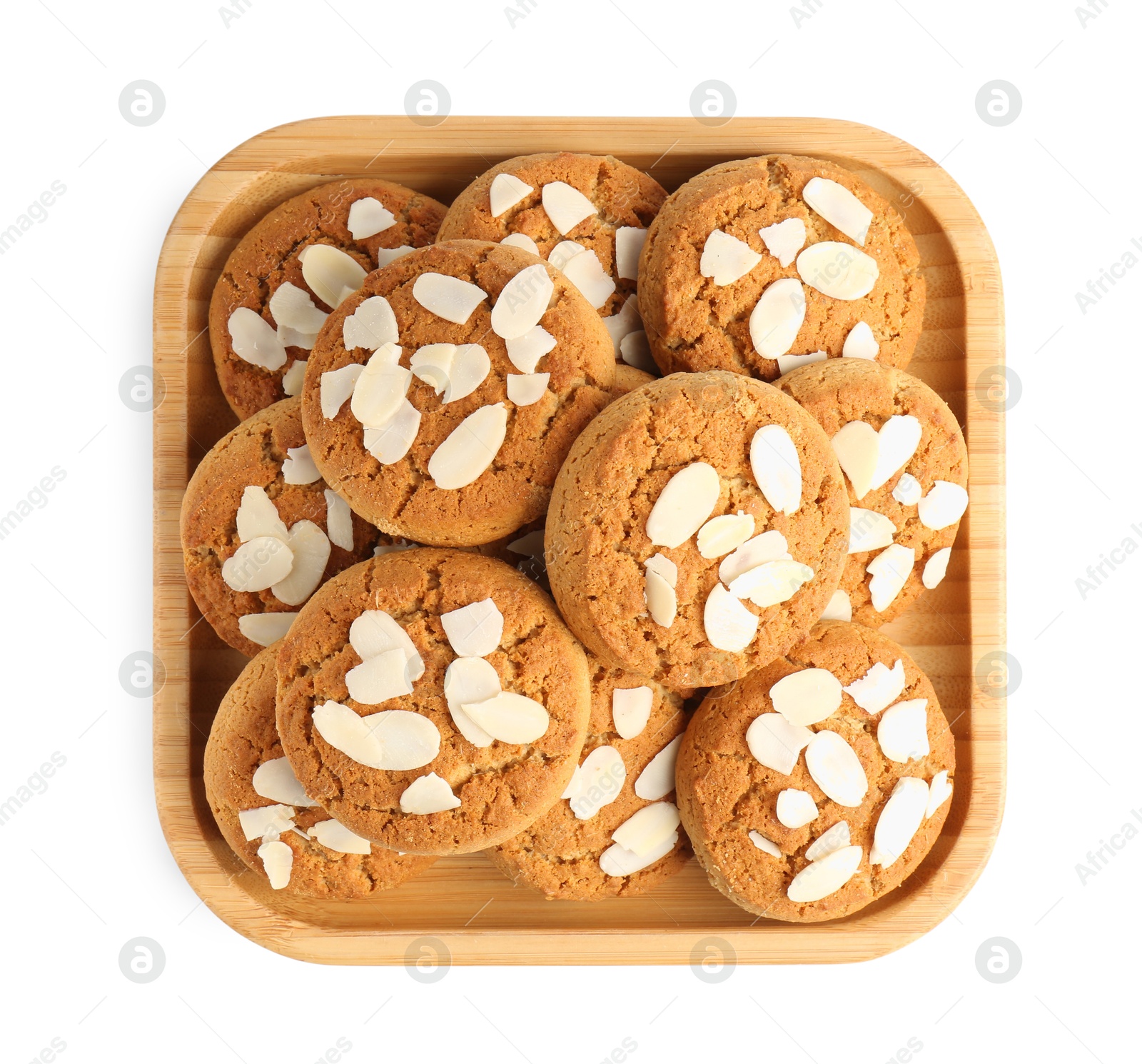 Photo of Tasty cookies with almond flakes isolated on white, top view