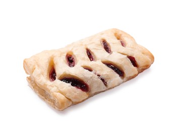 Photo of One delicious puff pastry with fruit filling isolated on white